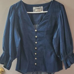 Cupio Deep Blue Denim Cotton V-Neck  Button Up Puff Sleeve Blouse.